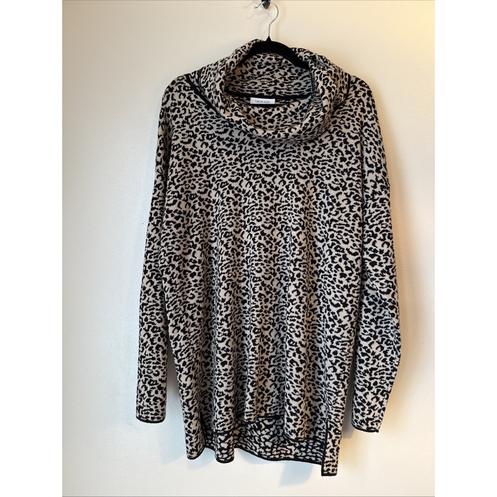 Calvin Klein Women's Cowl Neck Sweater Leopard Print Womens Size L Stretch Tunic